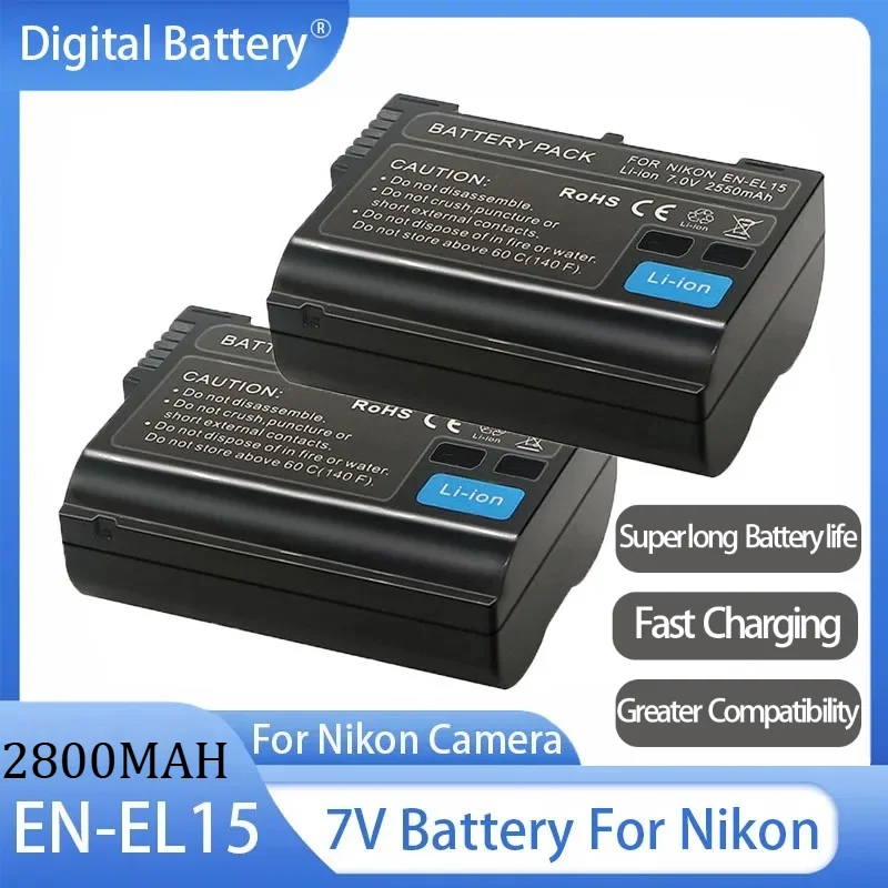 2800mAh High Capacity EN-EL15 Rechargeable Battery Long Lasting Fast Charging for Nikon Z5 Z6 Z7 D7500 D850 Camera