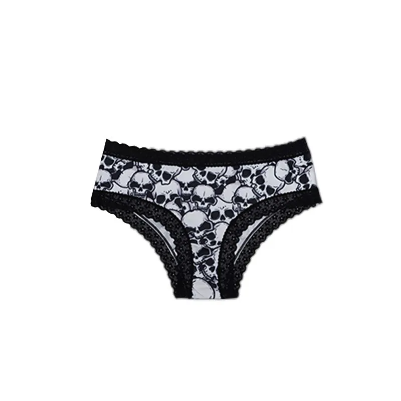 

New Sexy Women's Triangle Pants Halloween Trendy Skull Print Lace Edge High Elasticity Comfortable Mid Waist Women's Underwear