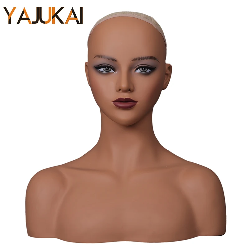 Kepala manekin perempuan realistis dengan bahu Ormosia kepala boneka bibir untuk menaruh wig kepala manekin PVC untuk tampilan kepala boneka cokelat