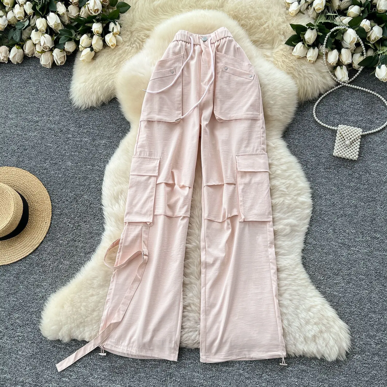 Cargo Pant Women Wide Leg Long Pants Lace Up High Waist Straight Trousers Y2k Streetwear Elegant Splice Work Casual 2025 Summer