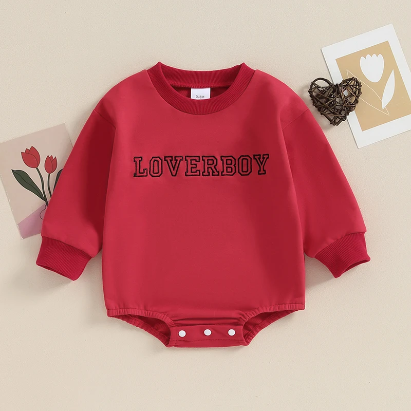 

2023-10-23 Lioraitiin 0-18M Newborn Baby Boy Valentine’s Day Rompers Long Sleeve Round Neck Letter Embroidery Playsuits