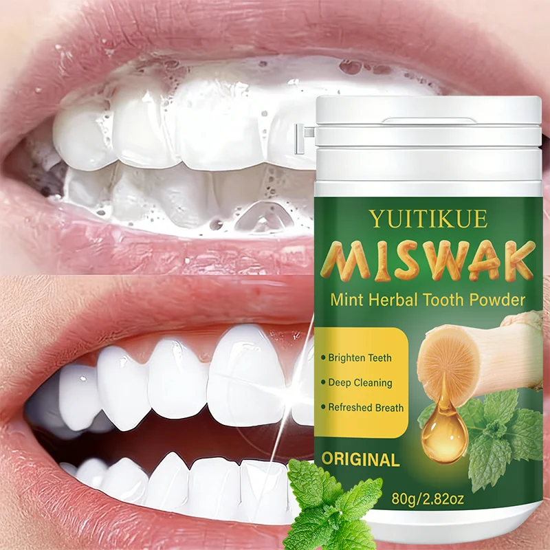 

Yuitikue Miswak Мятный травяной зубной порошок, 80 г, натуральный отбеливающий порошок для глубокой чистки и освежения дыхания
