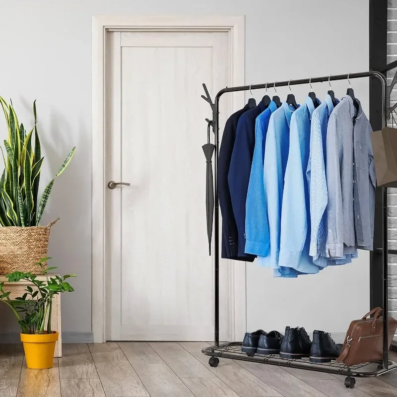 Industrial Style Garment Rack With Wheels And Hooks, Black