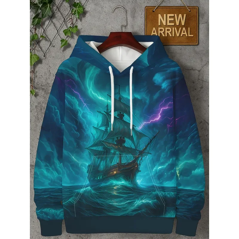 Men's Blue Storm Ocean Hoodie 3D Sailboat Lightning Print 2026 Fall Streetwear Cosplay Top Night Casual Sweatshirt Fashion