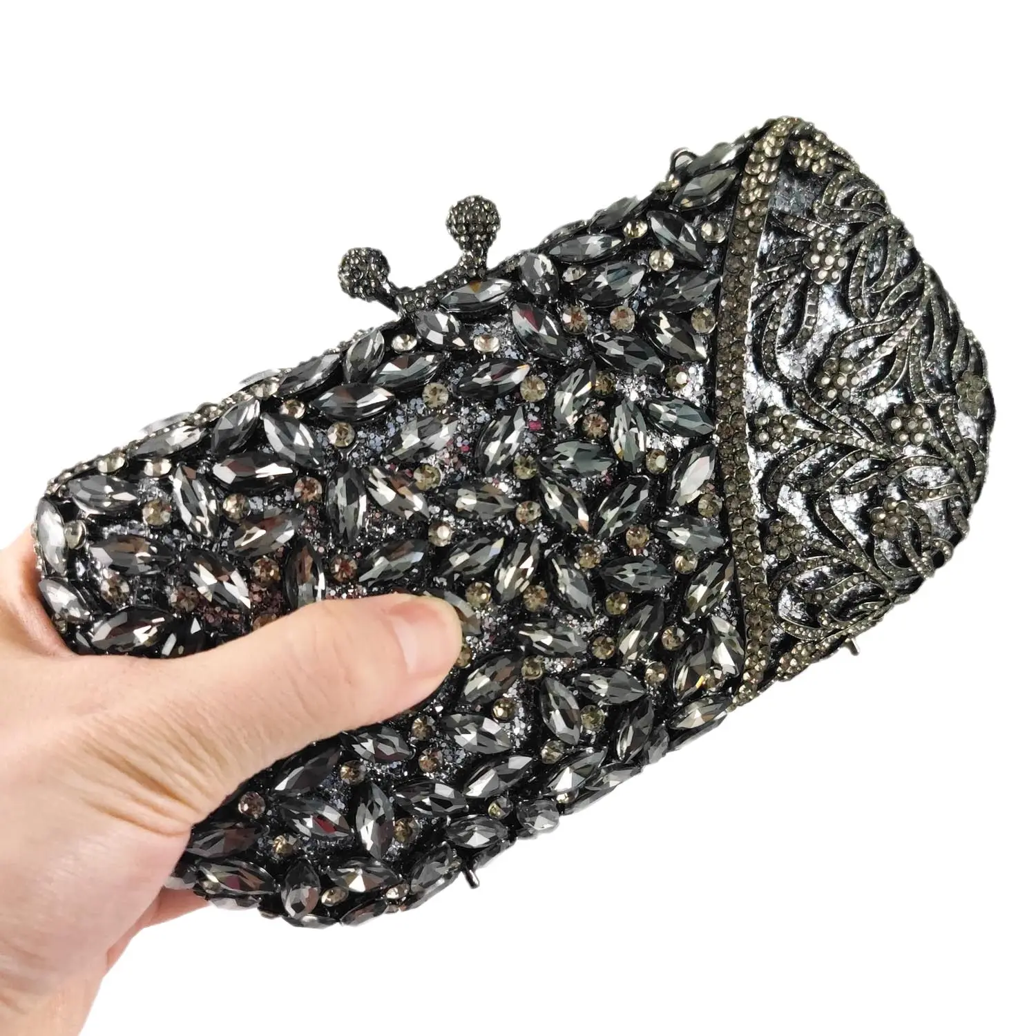 Boutique De FGG Luxury Grey Crystal Evening Bags and Clutches Bridal Wedding Rhinestone Handbags Party Cocltail Purses Bag