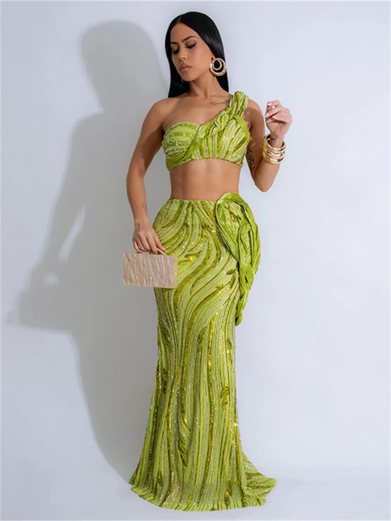 

Sexy Sequined 2 Piece Sets Women Outfit Summer Clothes Women 2025 Sleeveless Strap Vest Top Long Skirt Sets Two Piece Dress Sets