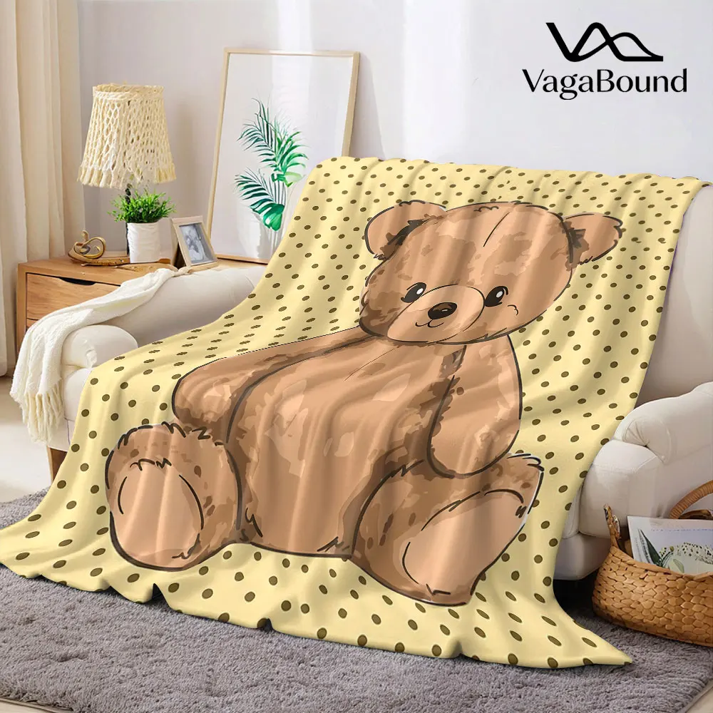Vintage Beige Polka Dot Bear Flannel Blanket Warm Soft Halloween Christmas Decorative Couch Warm Cozy All-Season Gift
