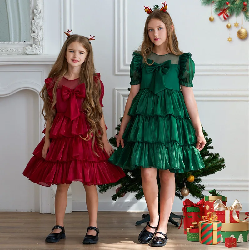 

Christmas Baby Girls Dresses Kids Bow Cake Elegant Princess Party Tutu Dress Children Birthday Baptism Formal Clothing