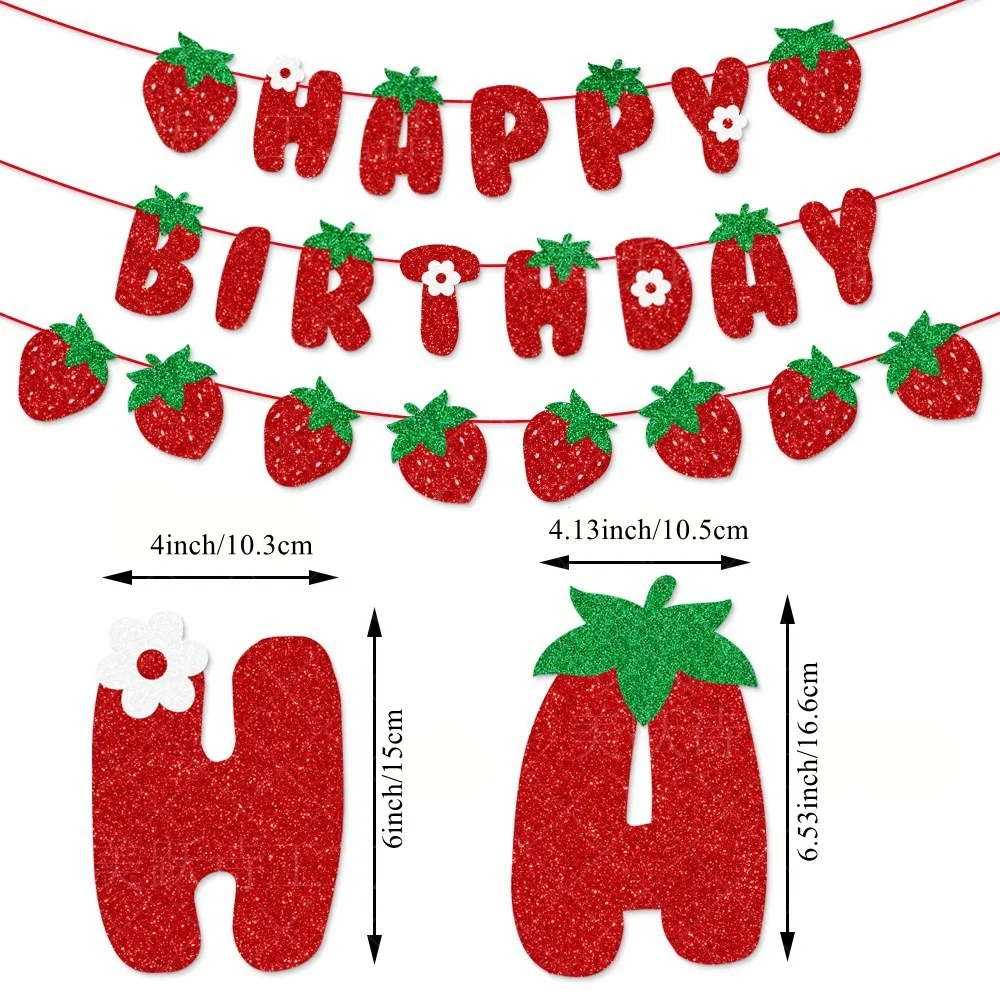 1Set Paper Cupcake Toppers Bling Strawberry Hanging Banners For Kids Summer Fruit Sweet One Strawberry Birthday Party Decoration