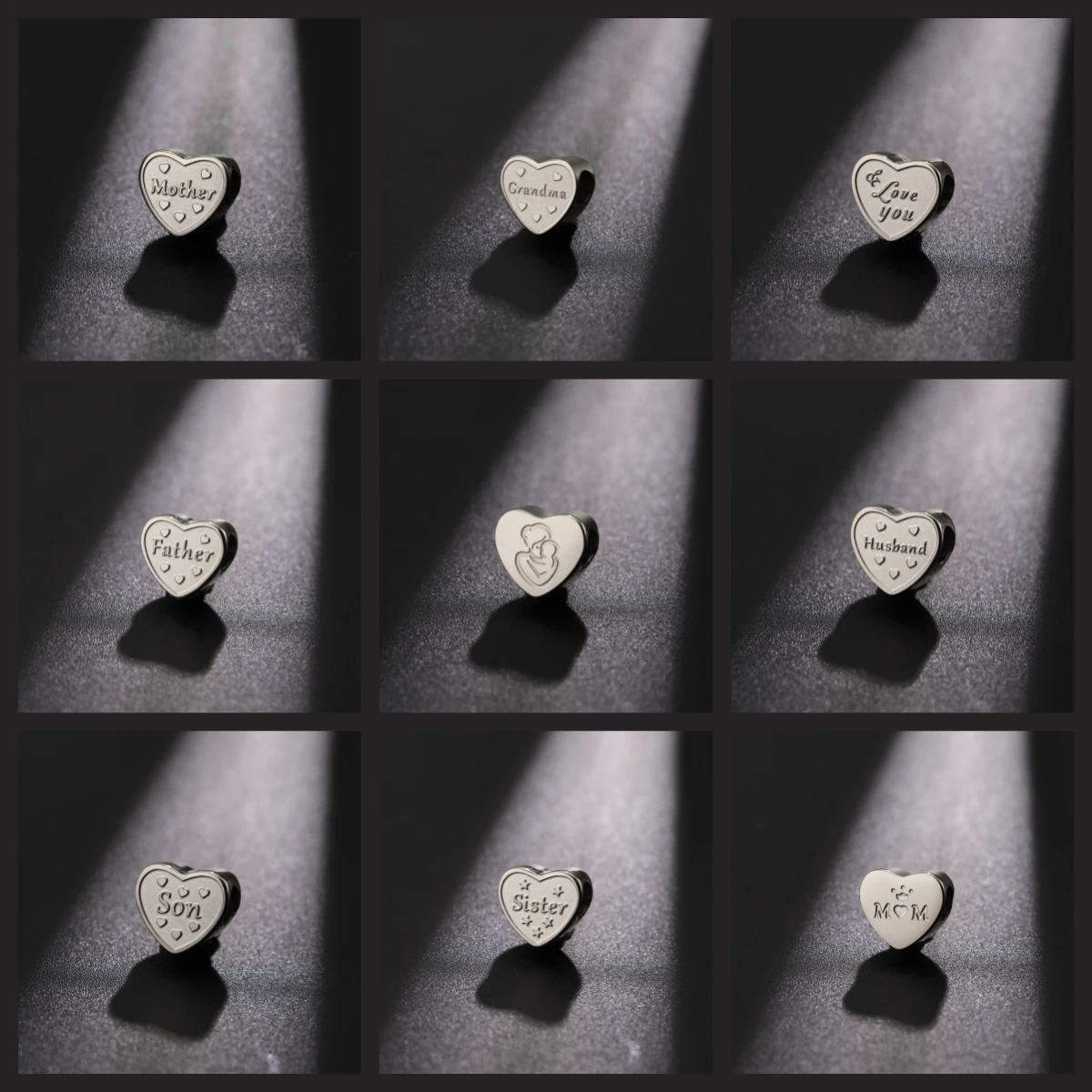 Stainless Steel Heart Shape Family European Big Hole Beads Affirmation Pendant Jewelry DIY Accessories