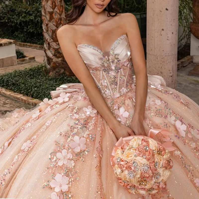 

Shiny champagne Quinceanera Dress off-shoulder Glitter 3D flower decal Long tail Bow vestidos de 15 Quinceanera ﻿Customize