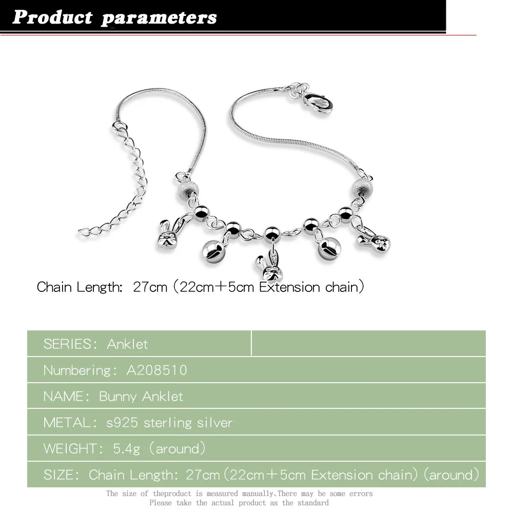 Sweet cute little white rabbit anklet 925 sterling silver bell anklet for women fashion exquisite foot accessories party gifts