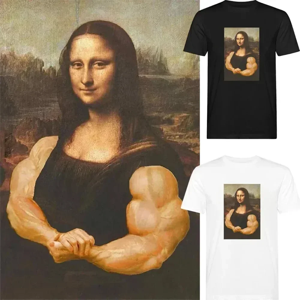 Funny New Arrival Mona Lisa Bodybuilding T-shirt Muscle Gym Mimics Drawing Casual Graphic T-shirt Camo Fashion