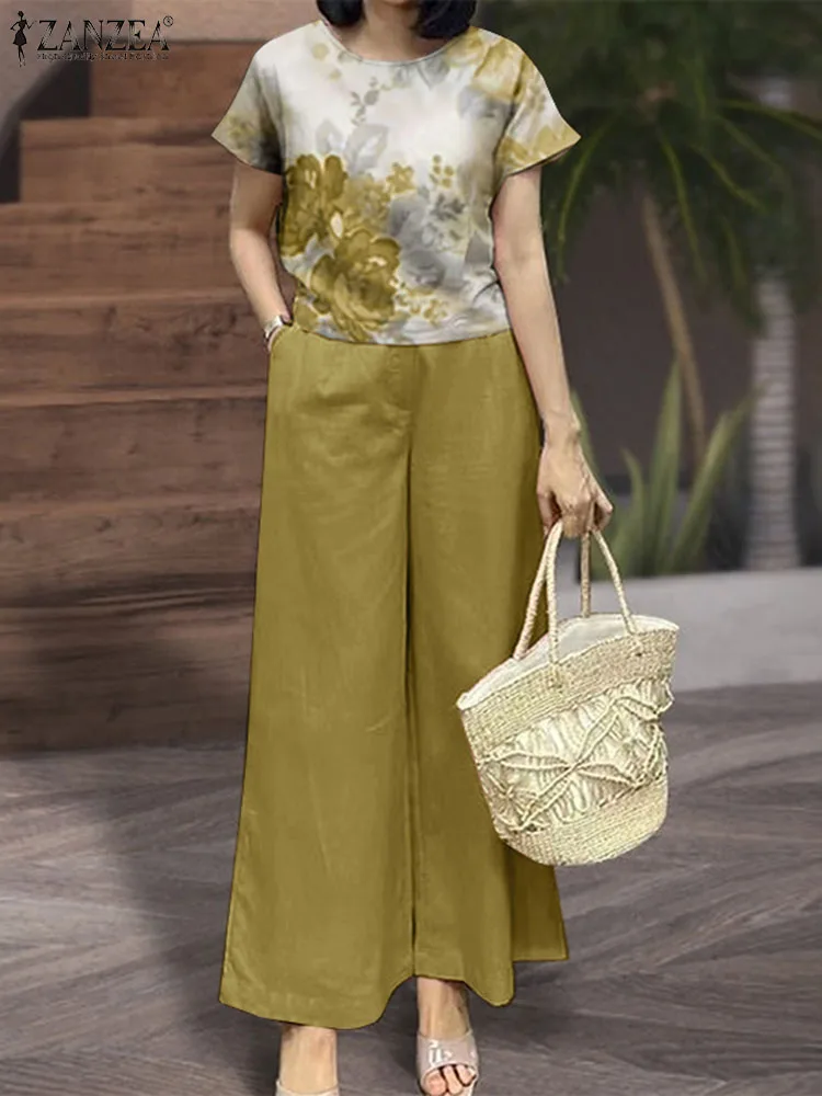 

Women Short Sleeve Blouse Wide Leg Pant Sets 2024 ZANZEA Summer Floral Tracksuits Vintage Trousers Suit 2PCS Work Matching Sets