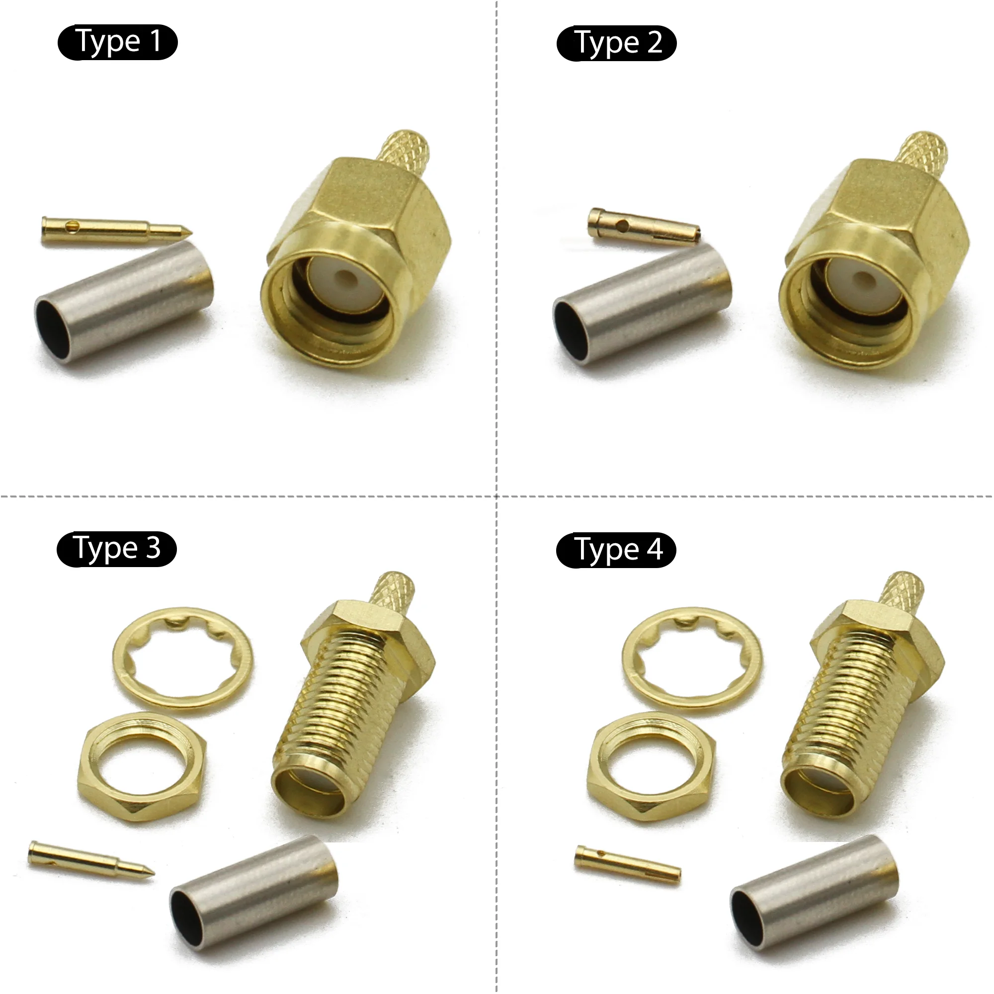 SMA RP SMA Male Plug Female RF Coax Connector Crimp for RG174 RG316 RG178 RG179 LMR100  Cable Brass Gold Plated High-quality