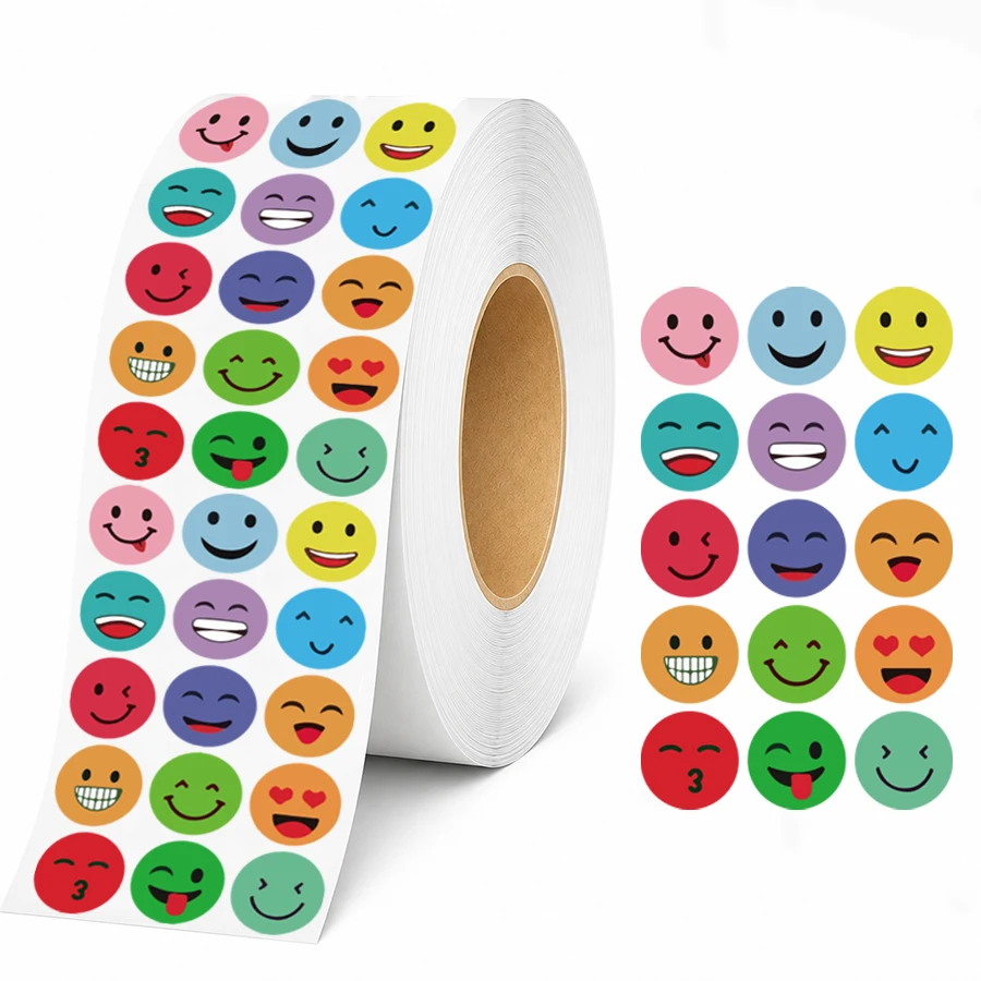 6000 Pcs Positive Expression Stickers Roll, 15 Designs Colorful Round Face Labels, Self Adhesive Decorative Stickers