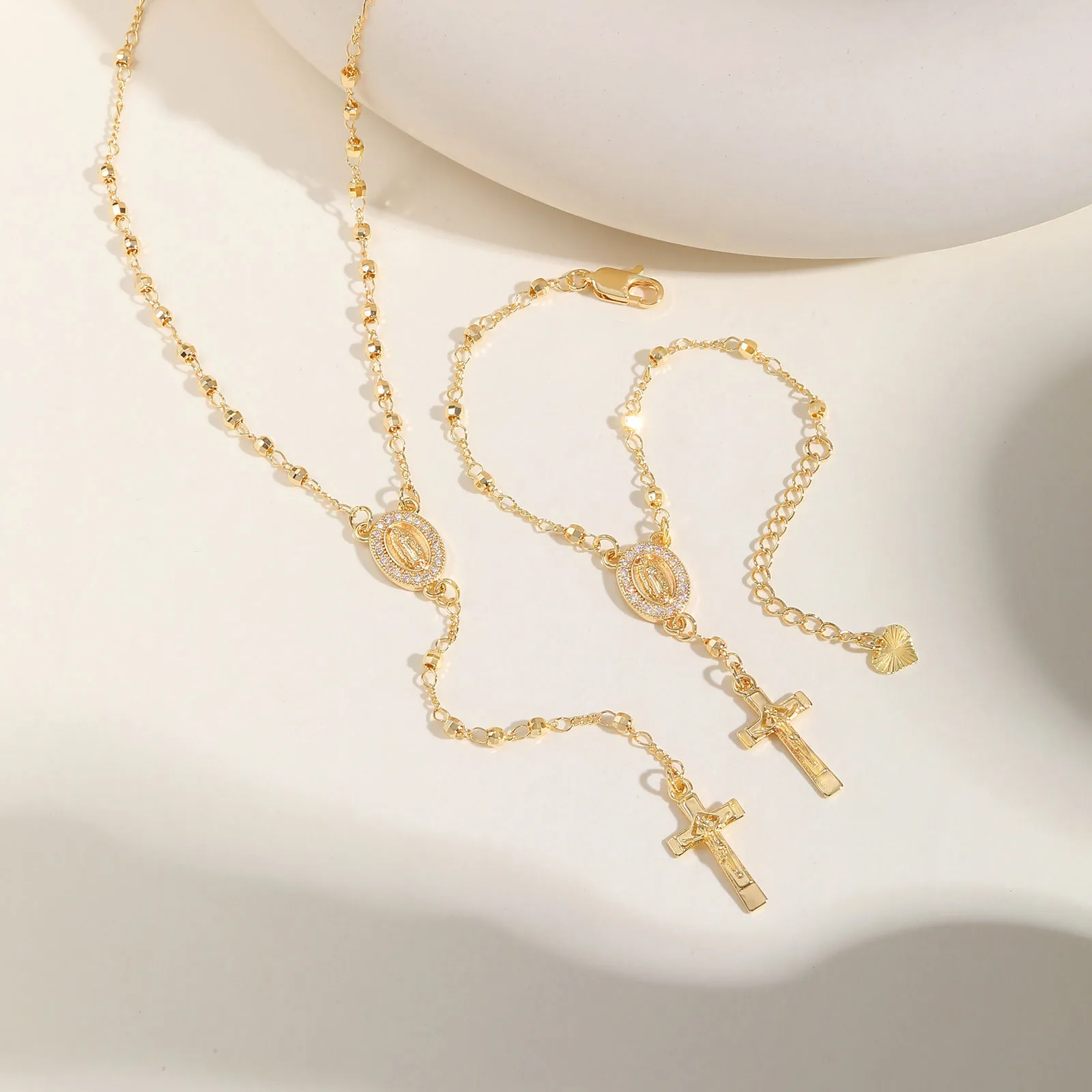 Vnox Virgin Mary Bracelets Necklaces For Women Men,Delicate Jesus Cross Pendent,Christian Catholic Hand Neck Jewelry Set Gifts