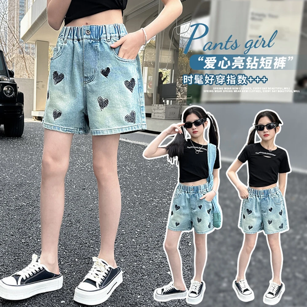 Girl's Heart Printed Denim Shorts Pants Korean Style Elastic Waistband Loose Washed-out Distressed Fifth Jeans for Girls 6-15Y