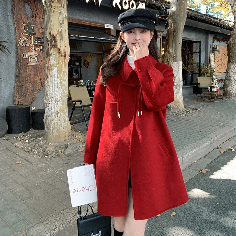 UNXX Red Coat for Women Female Office Lady 2023 Autumn/Winter New Arrival Woolen Chinese Style High-End Look Petite Coat Trendy