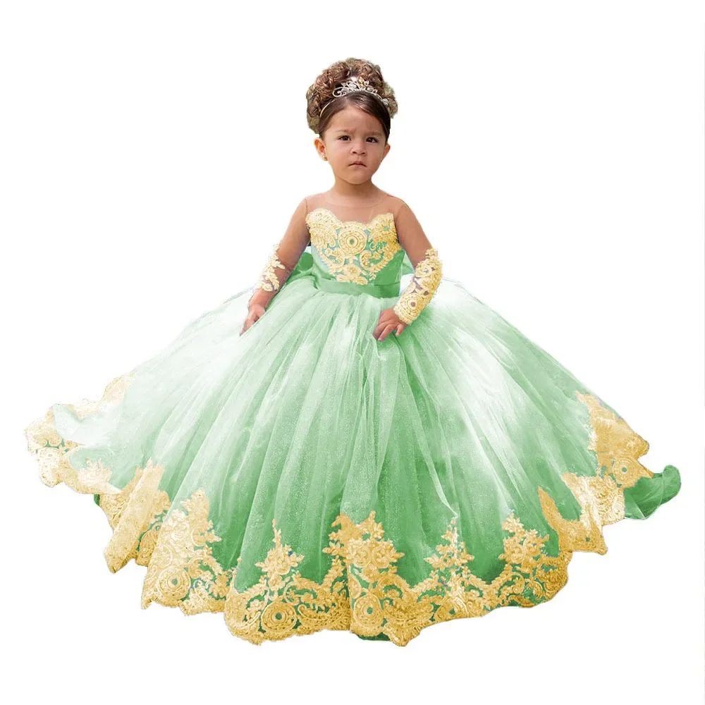 Little Girls Princess Pageant Dresses With Bow Gold Lace Tulle Flower Girl Dress Custom Toddlers Long Sleeves Wedding Party Gown