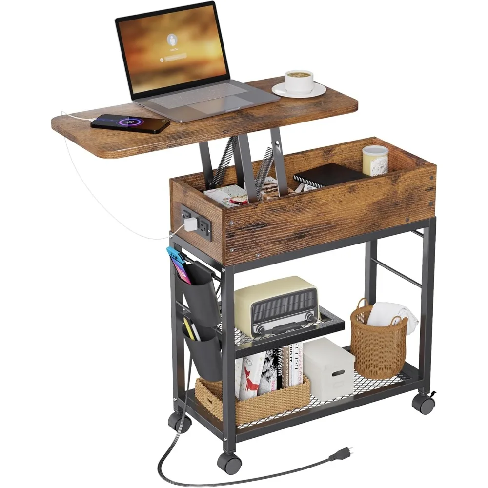 

Lift Top End Table with Charging Station and Wheels, Sofa Side Table with USB Port & AC Outlets, Movable Bedside Nightstand wit