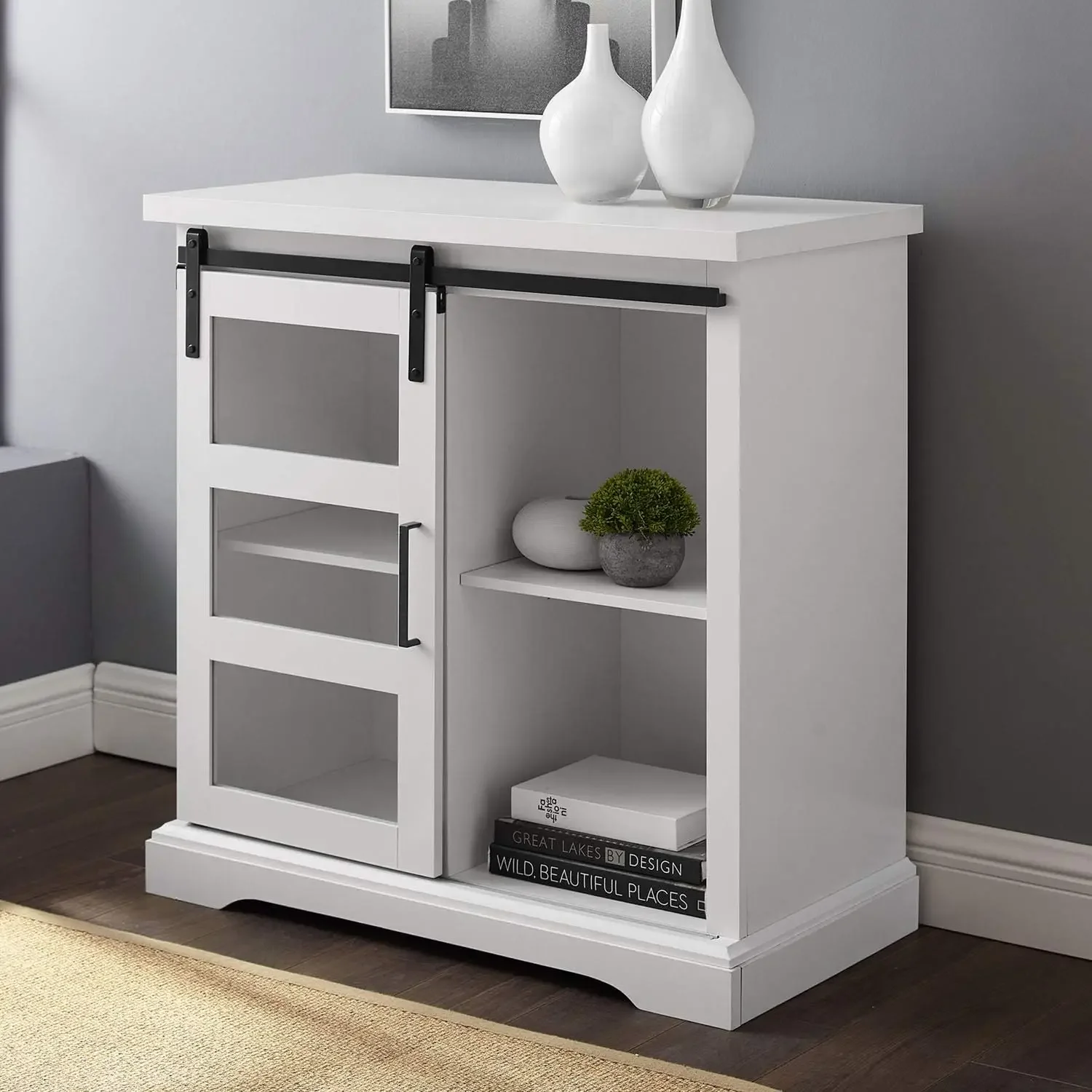 Weston-Console de rangement à porte marketen verre, 32 pouces, blanc, moderne, ferme