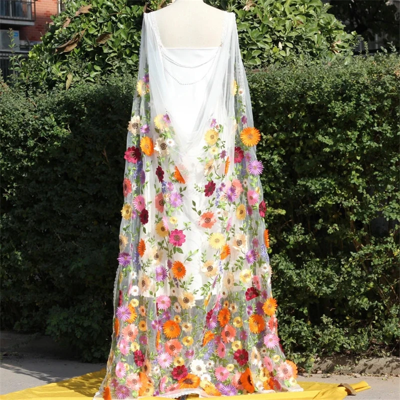 Colorful 3 D Floral Wedding Bridal Cape Shoulder Veils Cloak For Brides Long Lace Trim Unique Green Leaves Red Yellow Orange