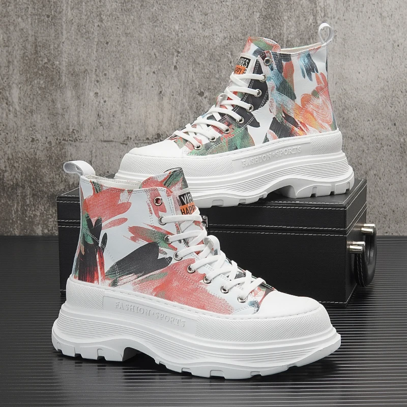 

Thick-soled High-top Sneakers for Men 2024 New Trendy Inner Heightening Ankle Boots Men's Platform Graffiti Printed Casual Shoes