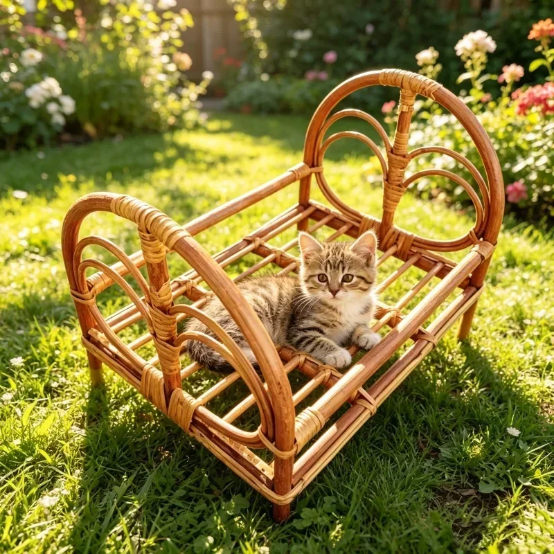 Hand Woven Rattan Pet Sofa Bed Breathable Wicker Frame For Cat Daily Rest Indoor Furnishing And Portrait Photography Layout Prop