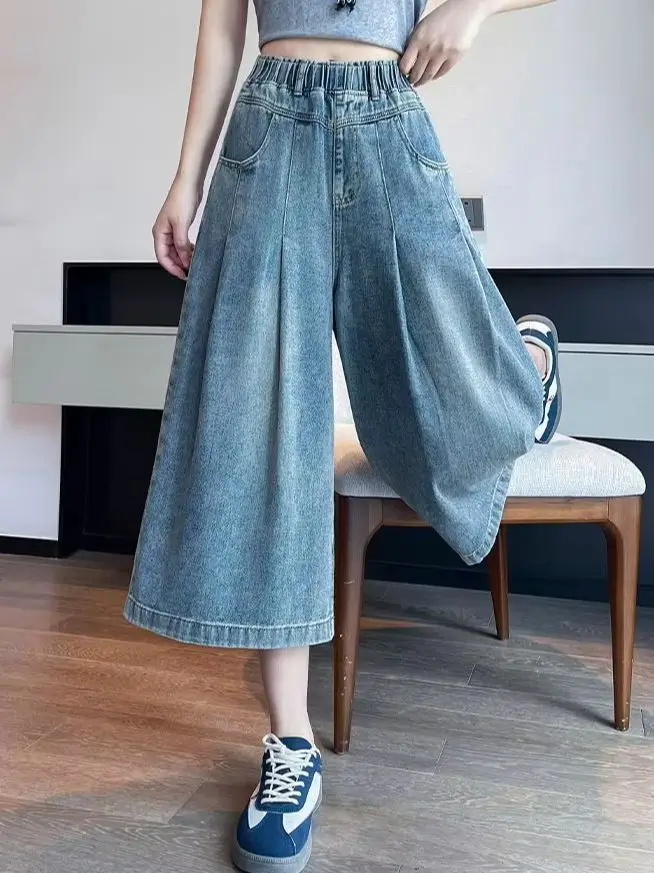 Large-Size Cropped Jeans Women Lightweight Breathable Soft Wide-Leg, Loose Fit High-Waisted Straight-Leg, Slim Durable Drapey, S