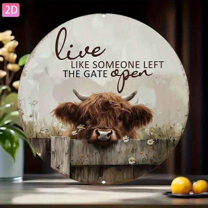 2D Flat, Retro Wall Hanging, Highland Cow And Daisy Pattern Quote Art, Suitable for Garden, Kitchen, Bar, Cafe, Outdoor Decor
