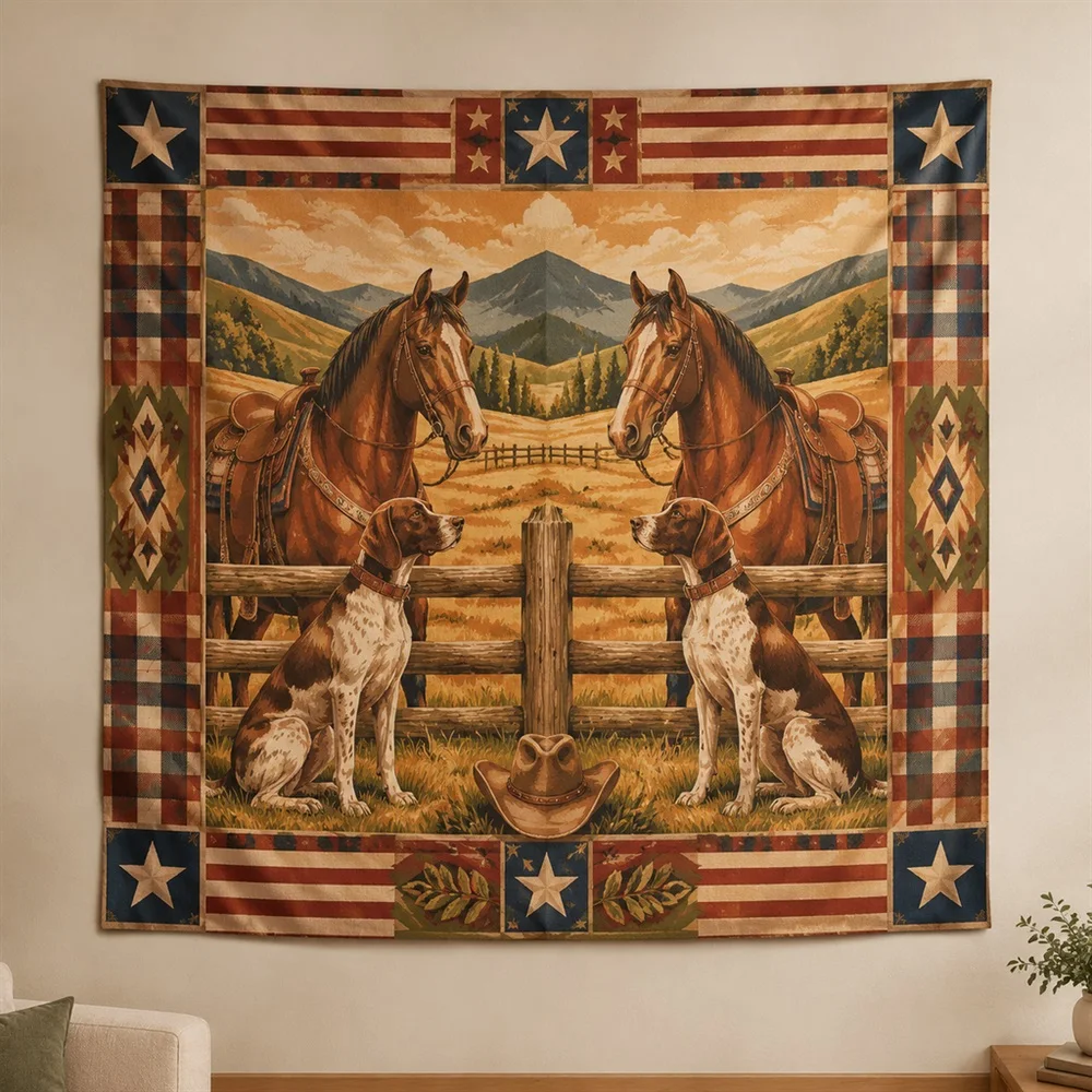VIKAMA Hound and Horse Mirror Symmetric Tapestry Wall Hanging, American Wall Decor Tapestries for Living Room Bedroom Entryway
