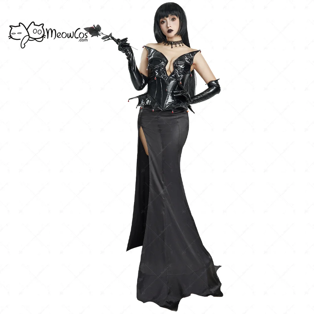 

MEOWCOS Women Gothic Style Bat Corset Top and Slit Skirt with Gloves and Thigh-high Stockings Cosplay Costume for Hlloween