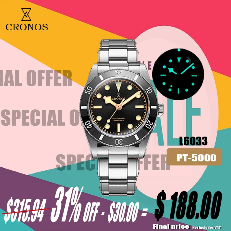 Cronos Luxury Men\'s Watches 37mm Diver BB54 Vintage Automatic Matt/ Aluminum Bezel Female End Links Sapphire 20 Bar L6033