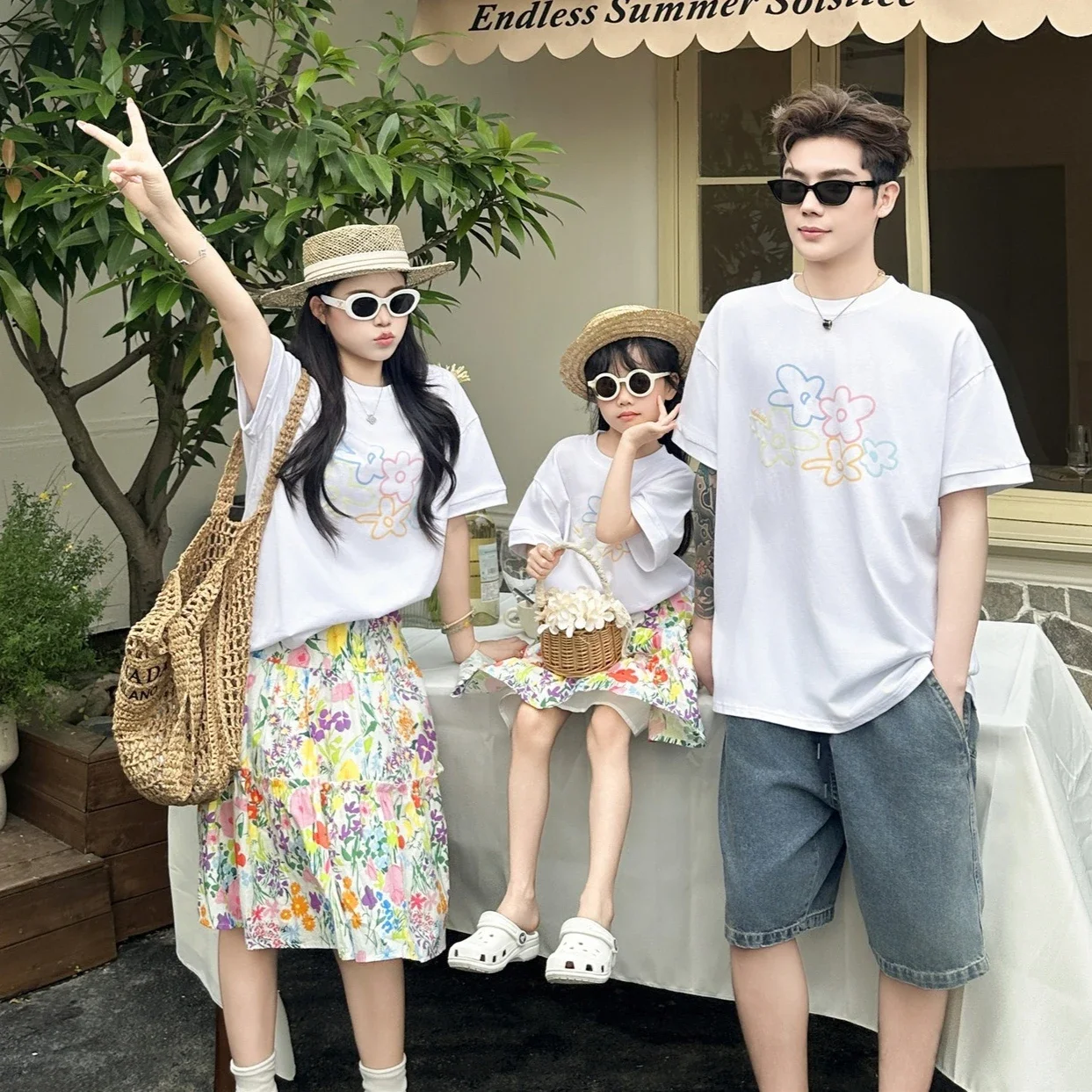 2026 Summer Family Matching Outfits Floral Print T-Shirt + Skirt Mommy and Me Tee Dad & Kid Casual Tops Vacation Beach Clothes