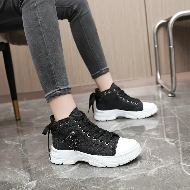 Luxury Brand Chunky Canvas Shoes for Woman Fashion Retro Light Blue Denim High-top Casual Shoes Outdoor Non-slip Sneakers Mujer