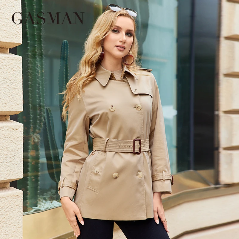 GASMAN 2023 Short Khaki Trench Women Coat Autumn Winter Turn Down Collar Female Jacket Clothes Causal Belt Outerwear 83306