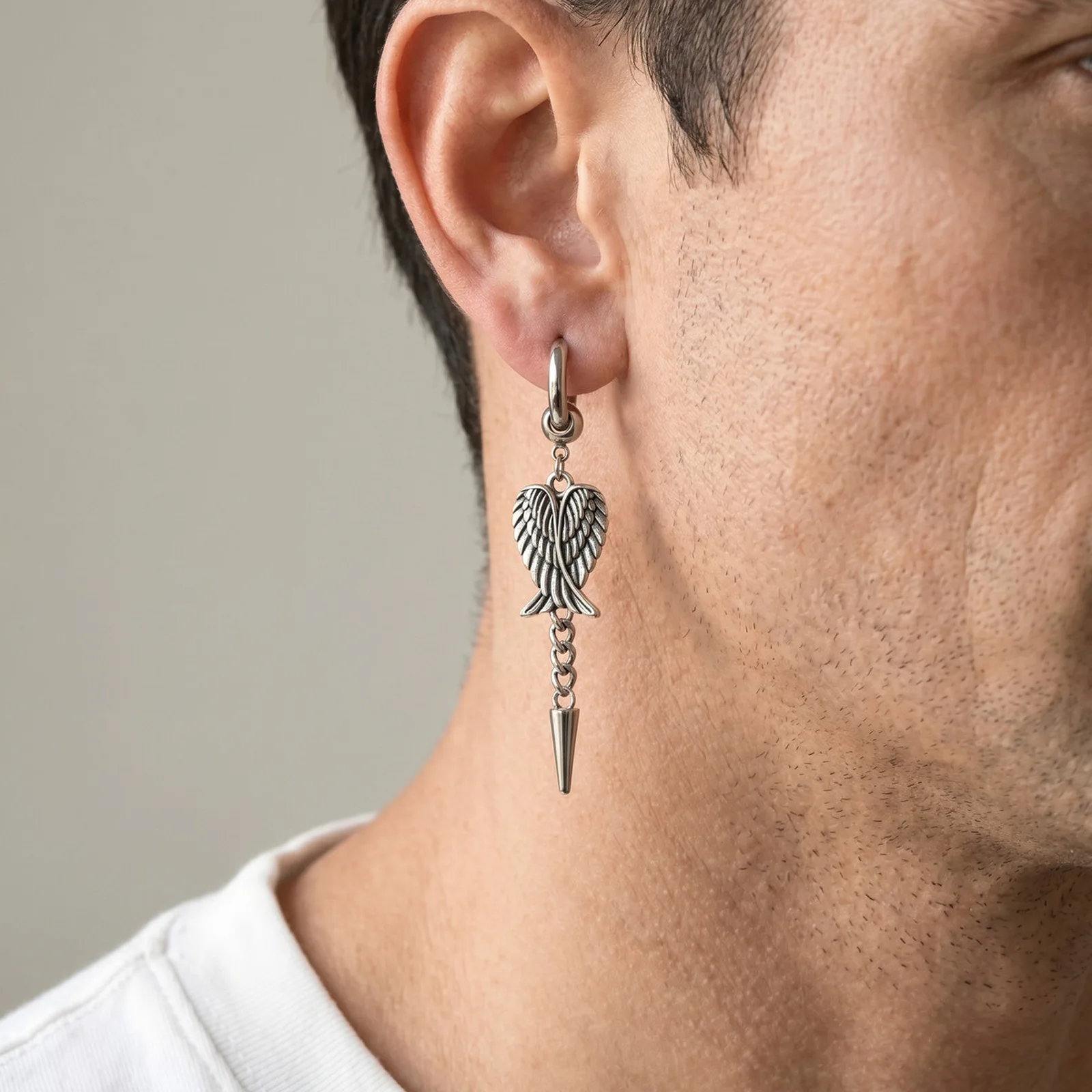Punk-Flügel-Creolen für Männer, Vintage Edelstahl Lange Ketten-Ohrhänger, Antiallergische Durchstechbare Ohrringe Schmuck – Detail 5
