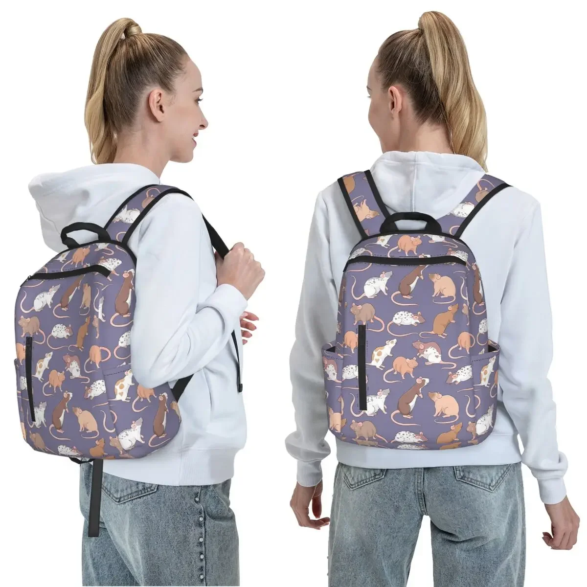 Cute Rattie Rats Against A Slate Grey Background By Whimsicolourart Backpack Daypack Children BookBag School Bag Shoulder Bags