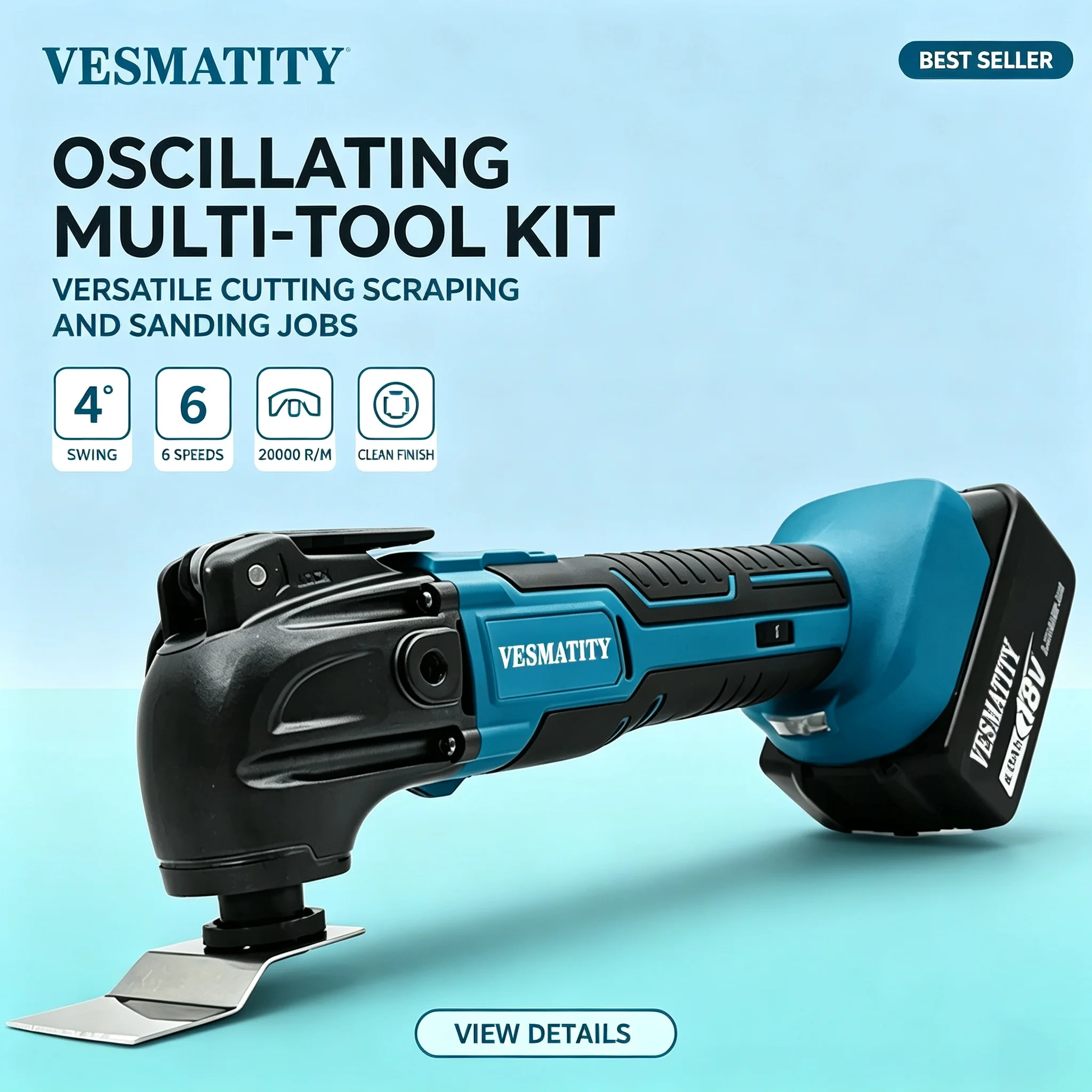 Vesmatity 600W Oscillating Multi Function Tool 20000PM Electric Saw Trimmer Cutting Woodworking Power Tool for 21V 18V Battery