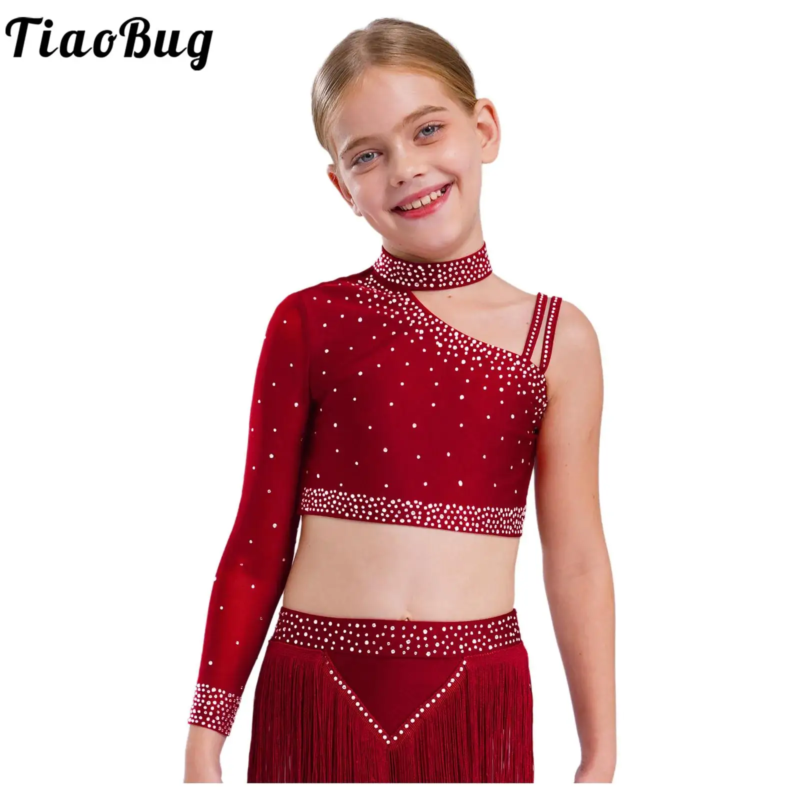 Kids Girls Sparkly Rhinestones Jazz Latin Dance Tops Unique Irregular Shoulder Crop Top Modern Ballet Stage Performance Costume