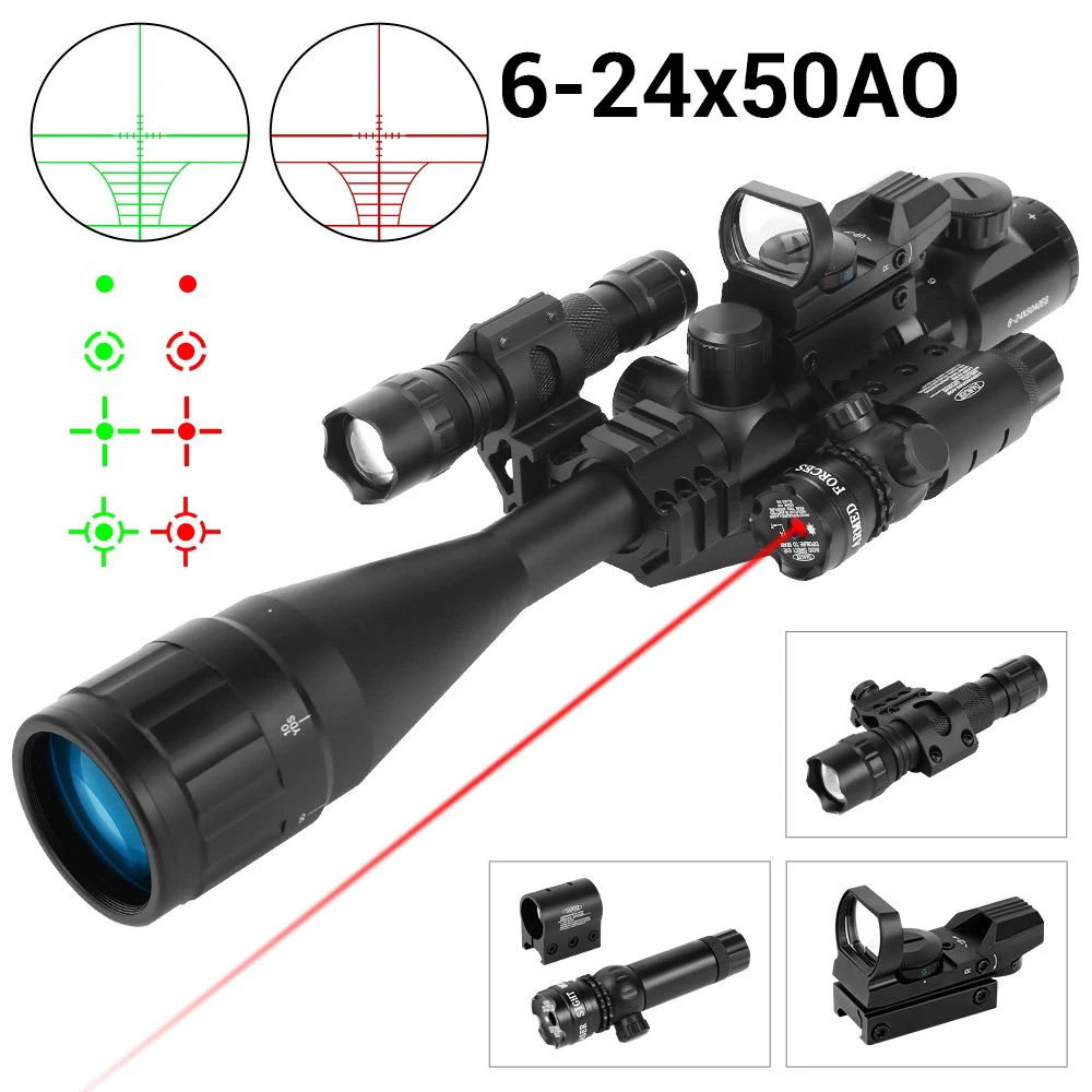 6-24x50 AO Rifle Scope Dual Illuminated Optics Combo with Red/Green Laser Sight Red/Green Dot Sight Scope Weapon Flashlight