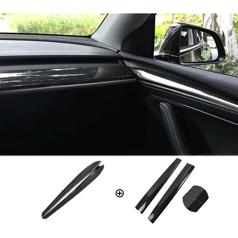 Car Door Side Trim Dashboard Cover For Tesla Model 3 Y Carbon Fiber Pattern Front Interior Dashboard Central Control Trim Strip