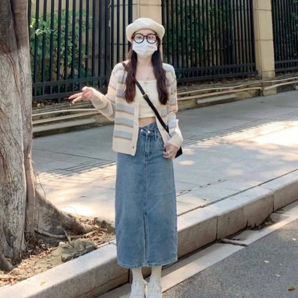 여성용 스트라이프 니트 가디건 재킷 초가을 얇은 부드러운 한국식 시크 짧은 긴 소매 탑