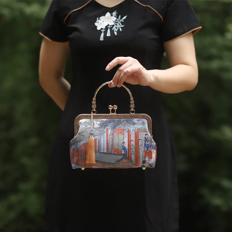 Manvoltage-Sac à main avec pompon pour femme, matériel de bricolage, rouge, modèles classiques, poignée, bouche, matériau doré, style chinois, réplique, 2024