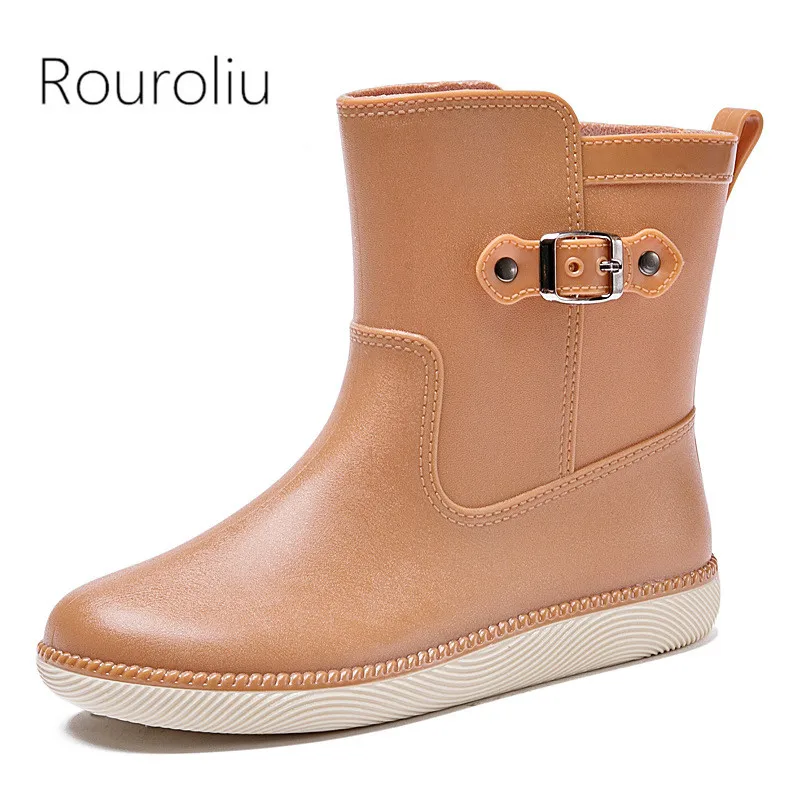 

Women Belt Buckle Mid-Calf Rain Boots Outdoor Waterproof Garden Work Shoes Kitchen Lightweight Water Boots Slip-on