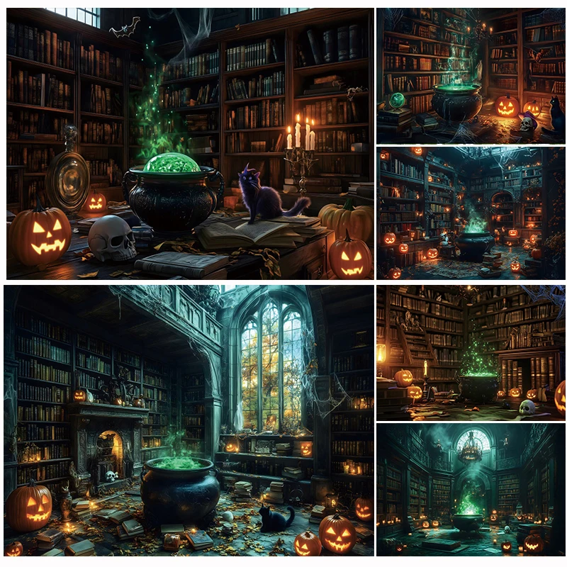 

Halloween Backdrop Retro Library Bookshelf Books Magic Soup Witch Black Cat Pumpkin Skull Hallow Photography Background Decor