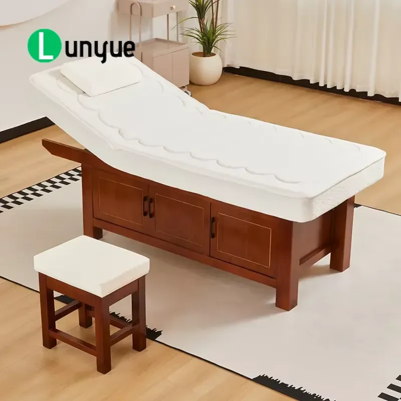 Solid Wood Latex Beauty Bed with Face Hole Professional Massage Treatment Table for Spa Therapy Comfortable Durable