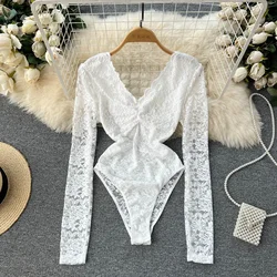 Sexy Mesh Lace Bodysuit  Fashion Long Sleeve V-neck One Piece Basic Hotsweet Women Print Gothic Slim  Streetwear Jumpsuit Ins