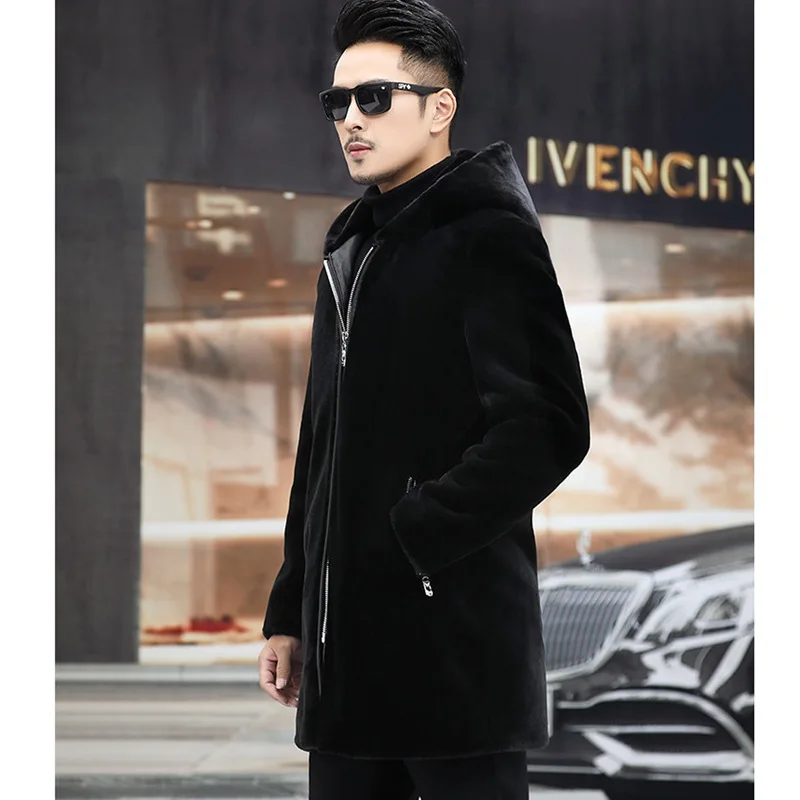 

Autumn Winter Hooded Long Sleeve Faux Fur Coat Men Windproof Windbreaker Zipper Long Sleeve Thick Warm Jacket Business Casual